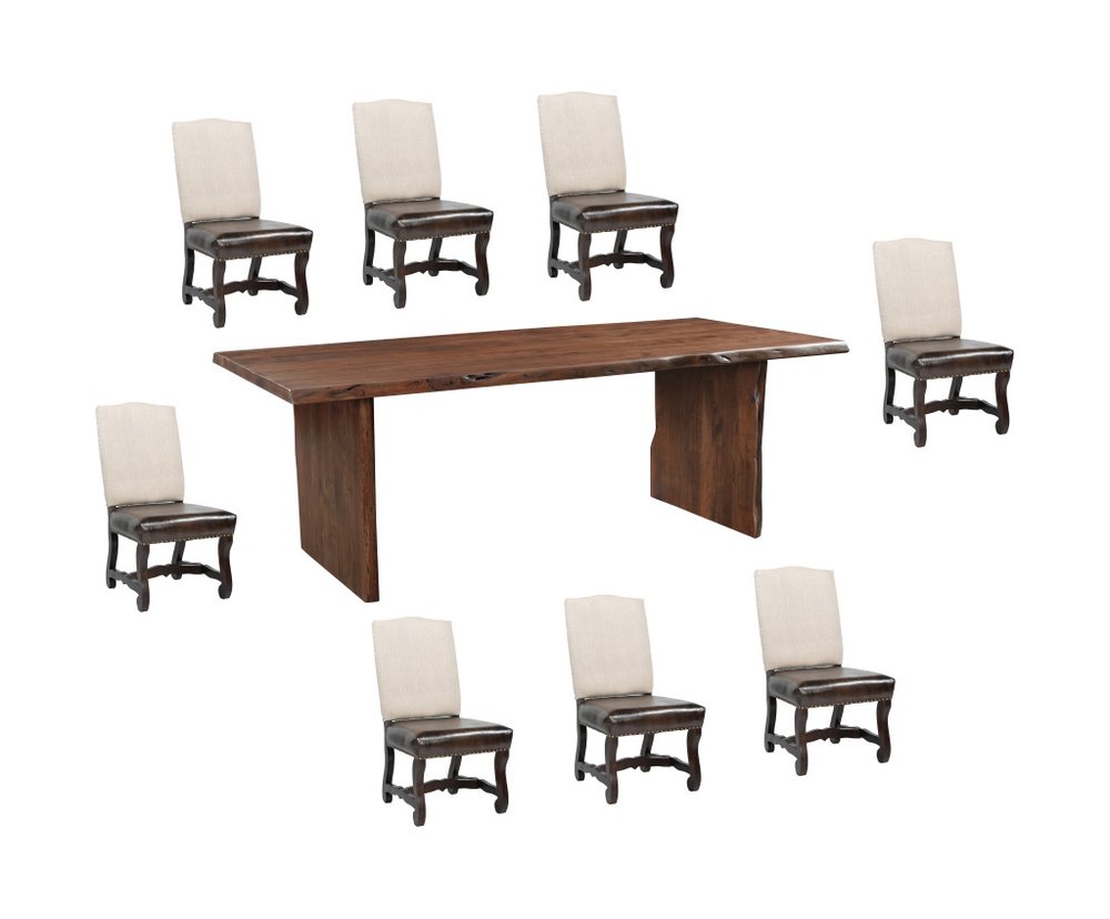 Nine Piece Brown Solid Wood Dining Set with Eight Chairs