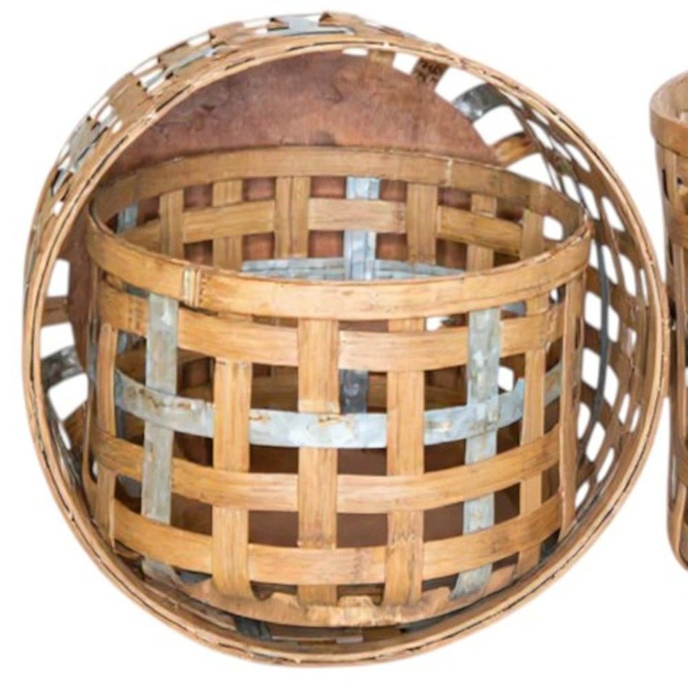 Set of Three Natural Wicker And Galvanized Metal Woven Baskets