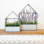 Set of Two Gray Galvanized Metal Novelty House Shaped Hanging Planters