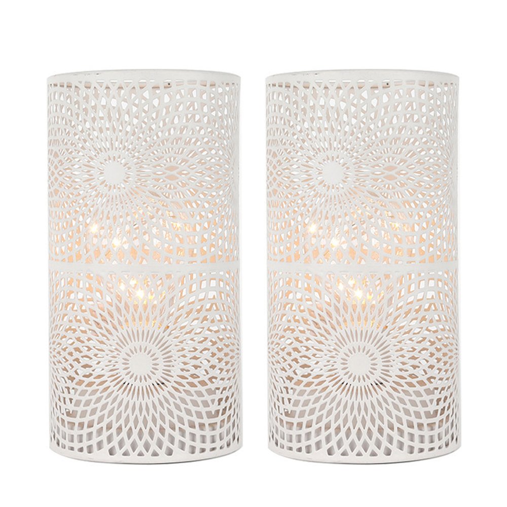 Set of Two 8" White Metal Pierced Geometric Battery Operated Lamps With Cylinder Shades