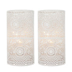 Set of Two 8" White Metal Pierced Geometric Battery Operated Lamps With Cylinder Shades
