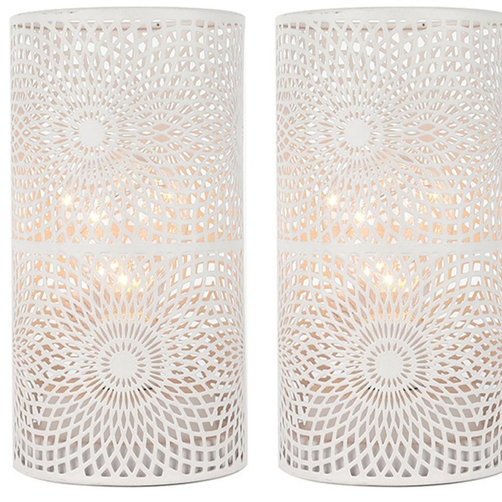 Set of Two 8" White Metal Pierced Geometric Battery Operated Lamps With Cylinder Shades