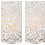 Set of Two 8" White Metal Pierced Geometric Battery Operated Lamps With Cylinder Shades