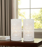 Set of Two 8" White Metal Pierced Geometric Battery Operated Lamps With Cylinder Shades