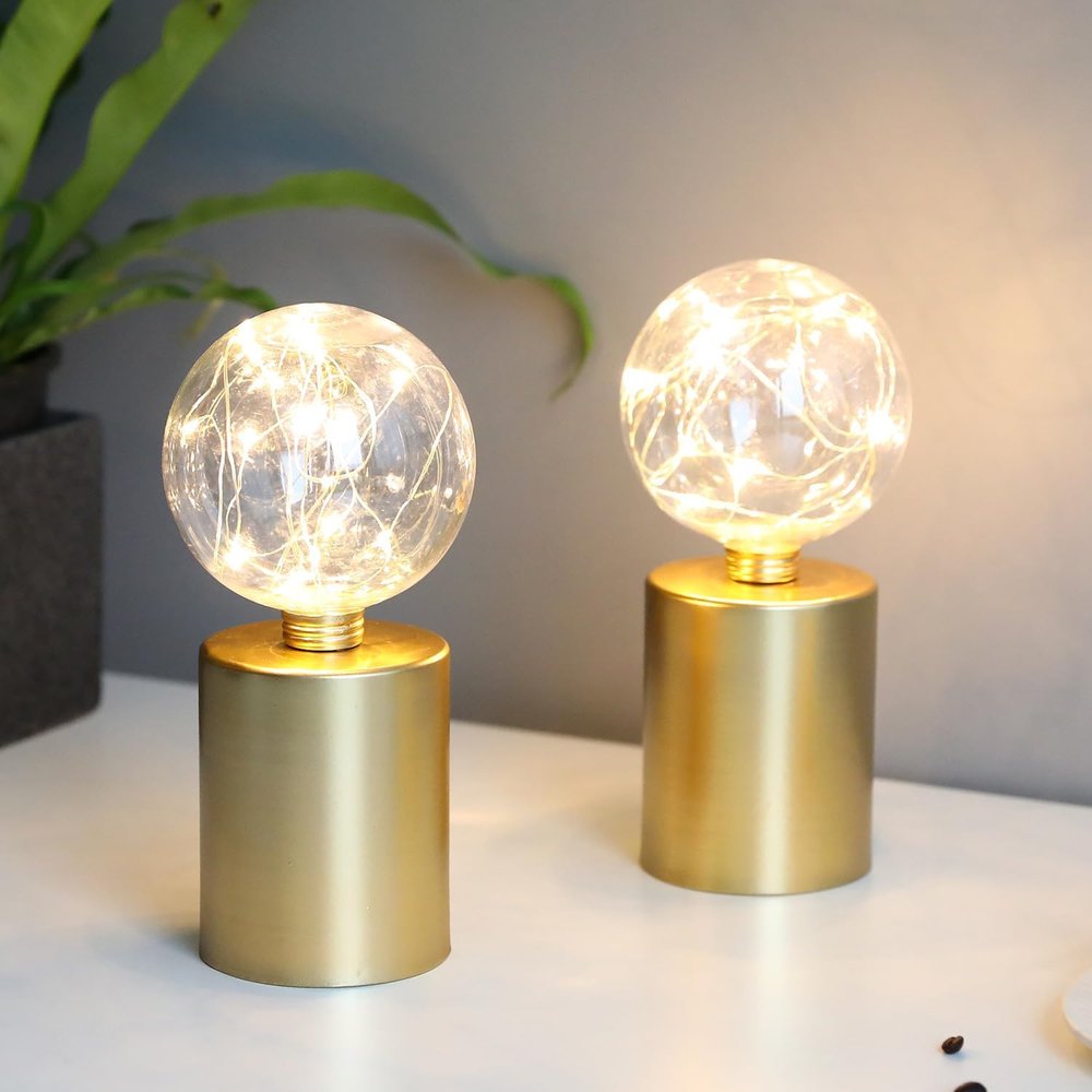 Set of Two 8" Gold Battery Operated Round Bedside Lamps With Globe Shades
