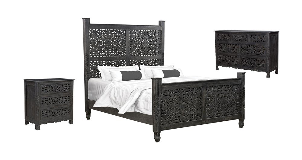 Three Piece Black Solid Wood Bedroom Set