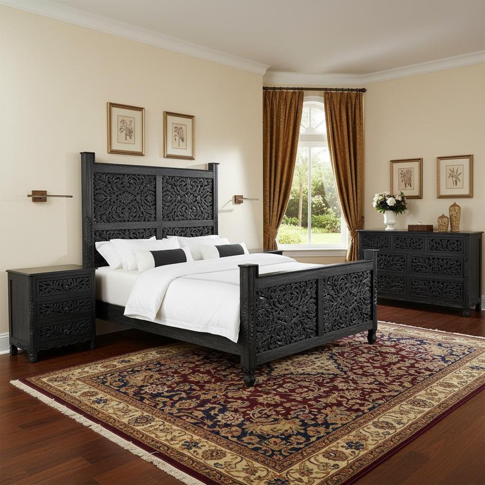 Three Piece Black Solid Wood Bedroom Set