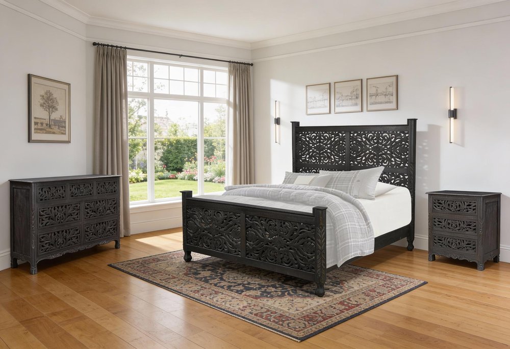Three Piece Black Solid Wood Bedroom Set