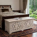 52" White Solid Wood Floral Ottoman With Storage