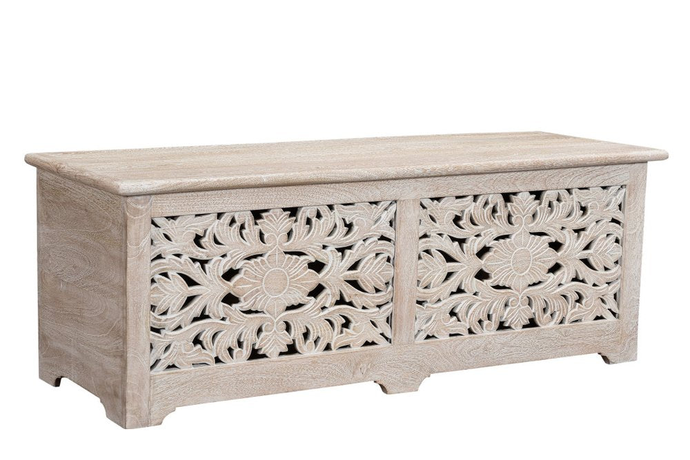 52" White Solid Wood Floral Ottoman With Storage