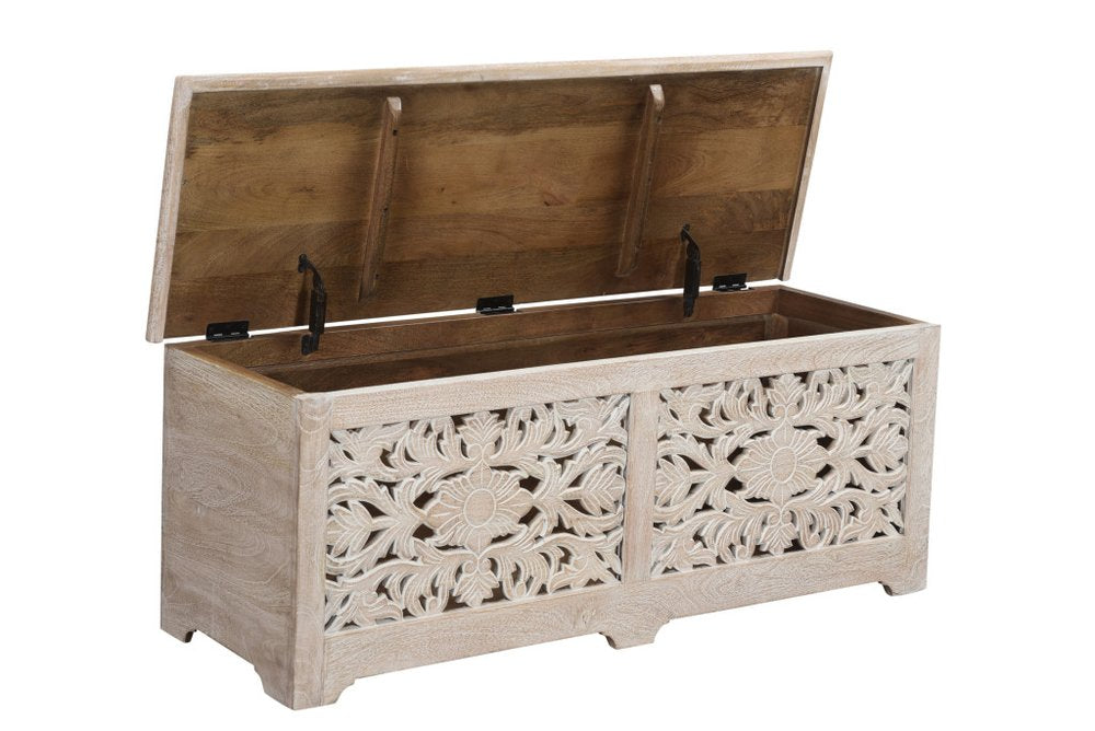 52" White Solid Wood Floral Ottoman With Storage