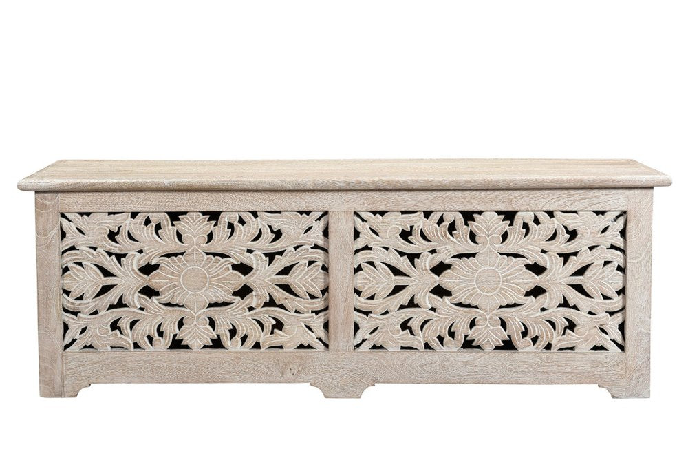 52" White Solid Wood Floral Ottoman With Storage