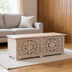 52" White Solid Wood Floral Ottoman With Storage