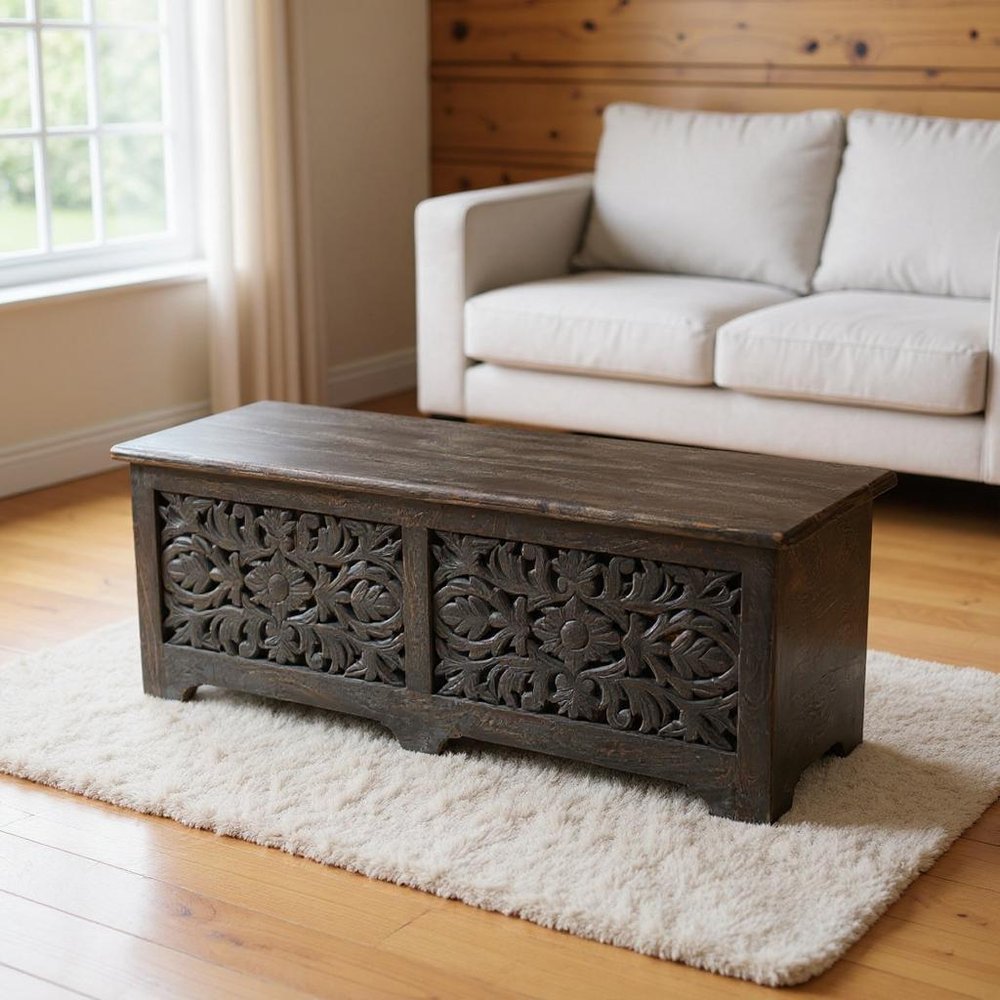 52" Black Solid Wood Floral Ottoman With Storage