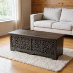 52" Black Solid Wood Floral Ottoman With Storage