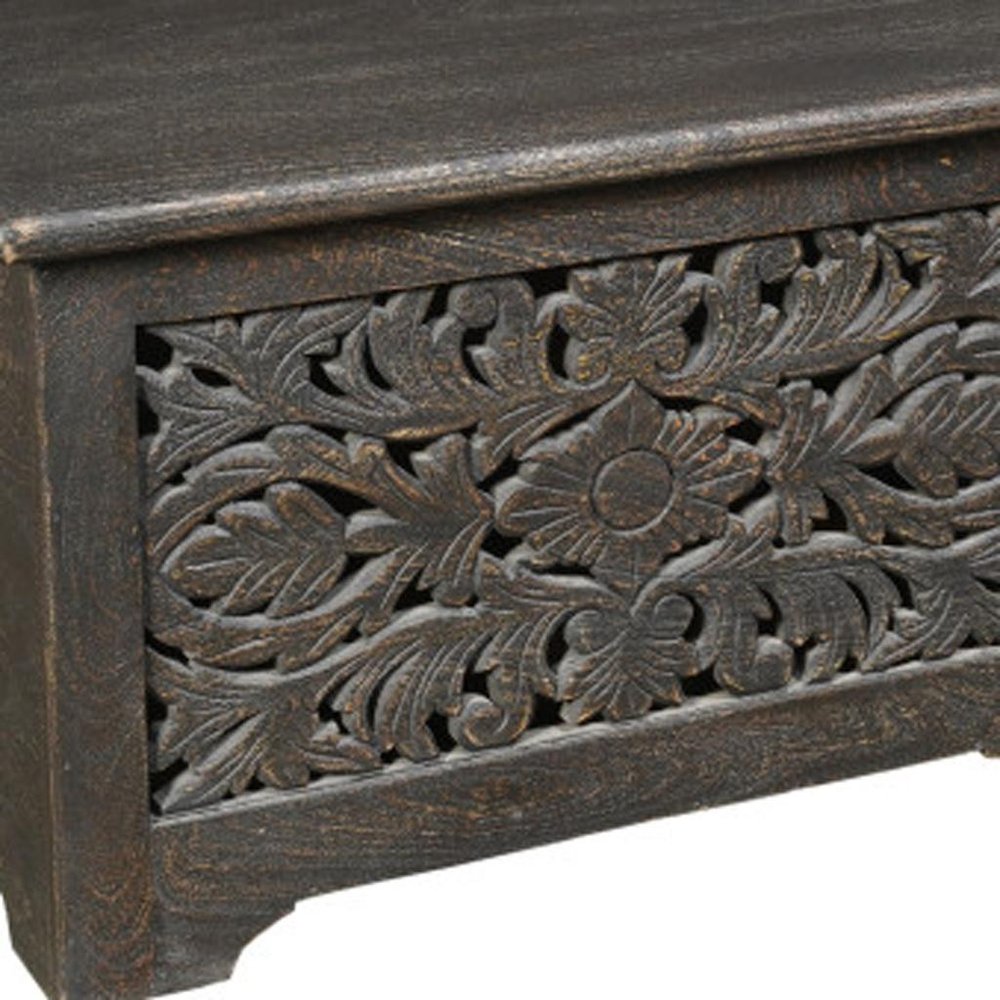 52" Black Solid Wood Floral Ottoman With Storage