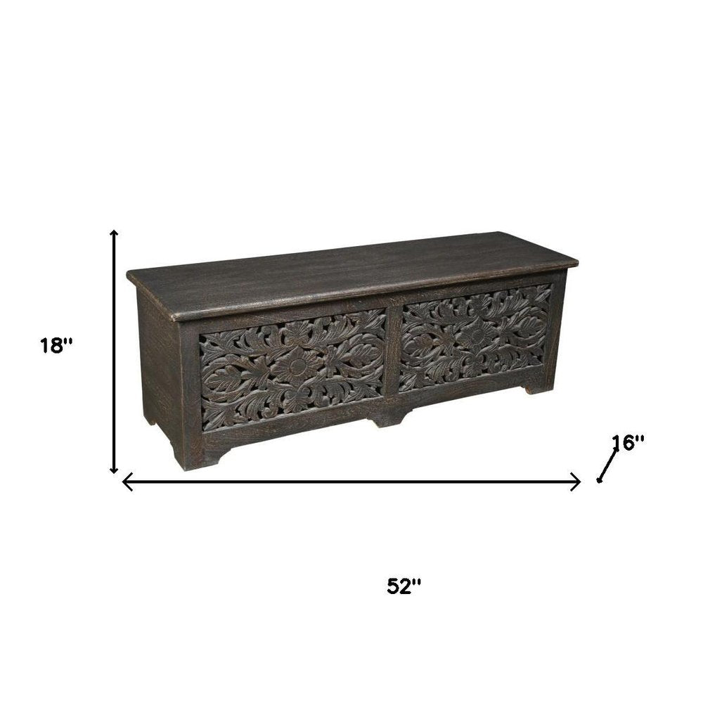 52" Black Solid Wood Floral Ottoman With Storage
