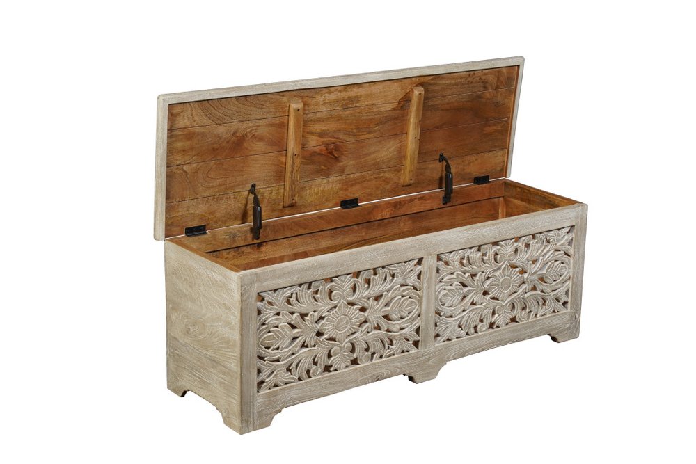 52" Gray Solid Wood Floral Ottoman With Storage