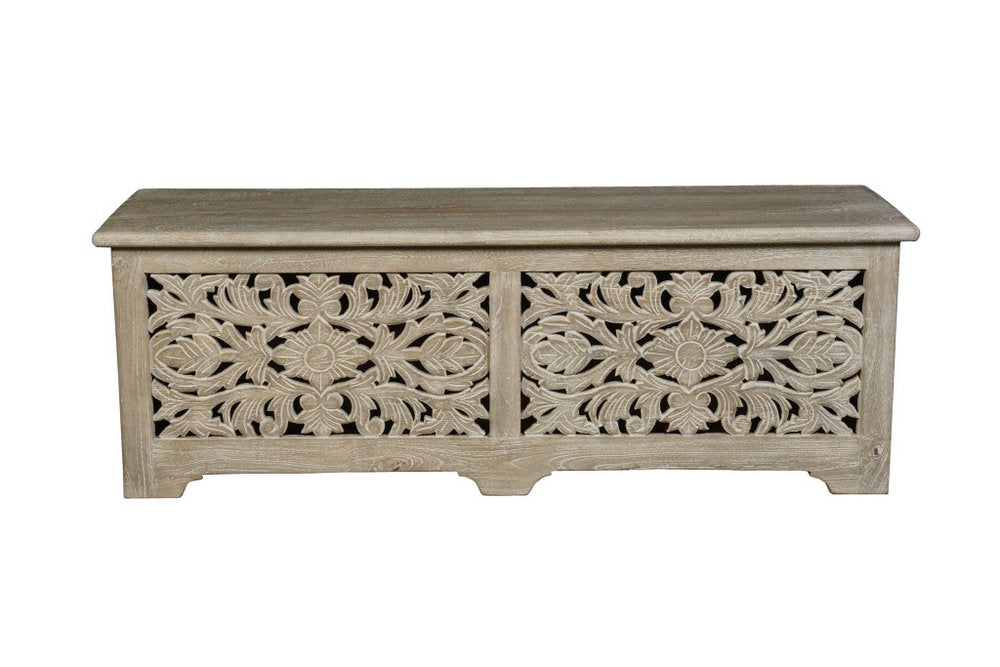 52" Gray Solid Wood Floral Ottoman With Storage