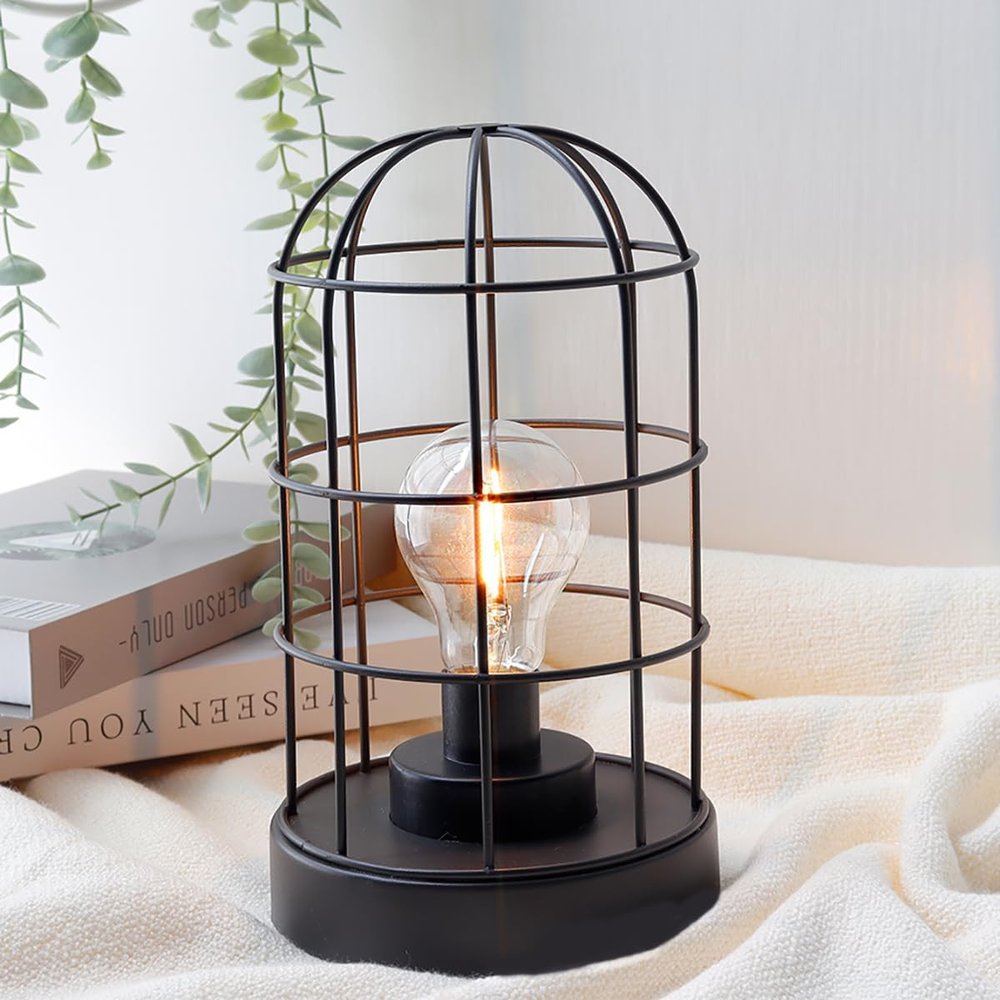Set of Two 10" Black Battery Operated Lamps With Cage Cylinder Shades