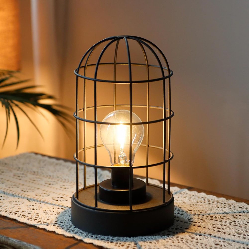 Set of Two 10" Black Battery Operated Lamps With Cage Cylinder Shades