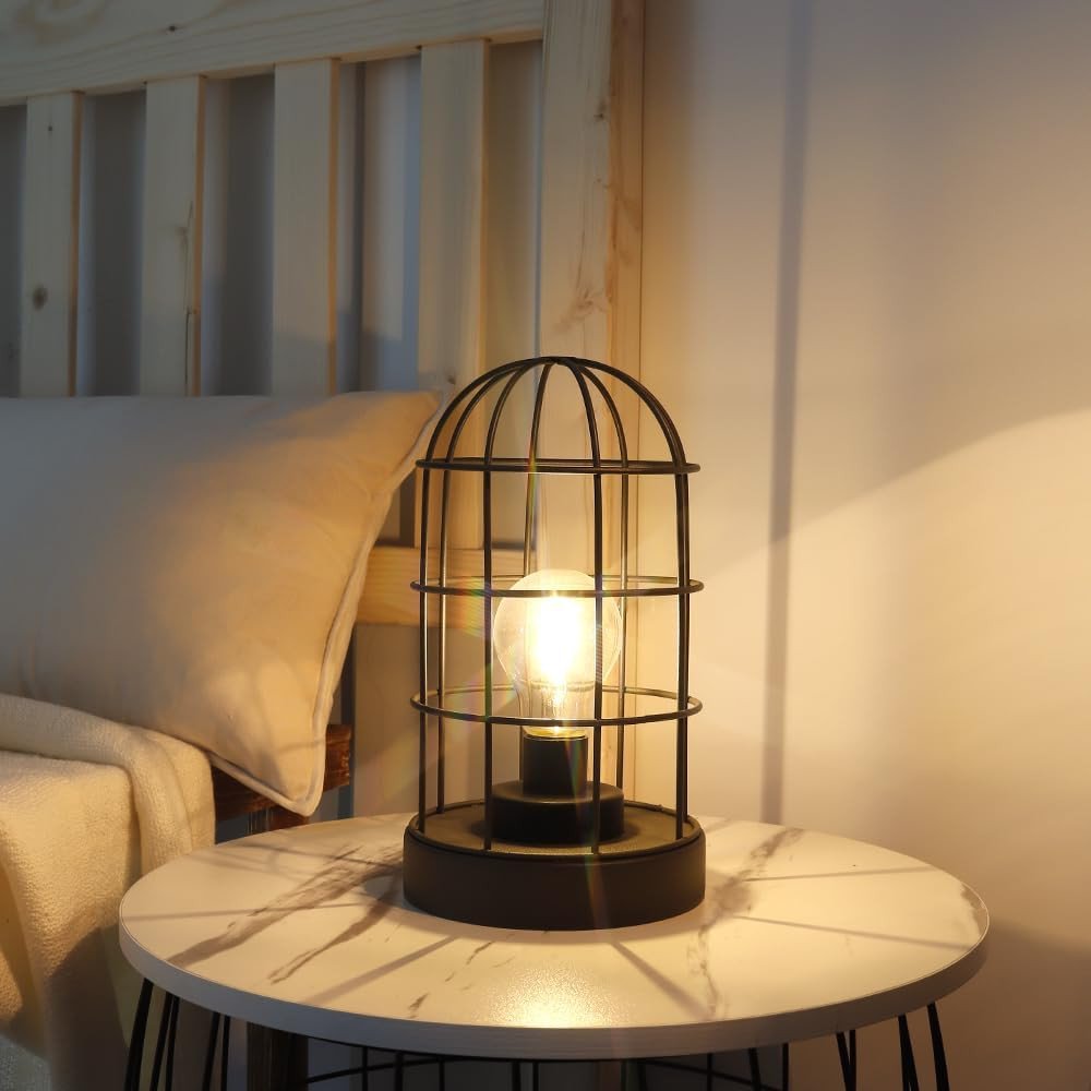 Set of Two 10" Black Battery Operated Lamps With Cage Cylinder Shades