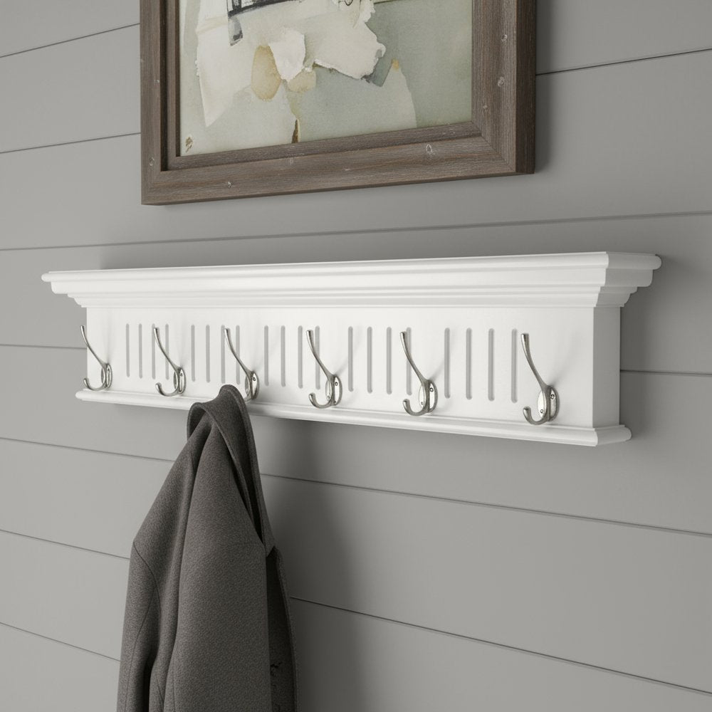 Six Hook 39" White Solid Wood Wall Mount Coat Rack