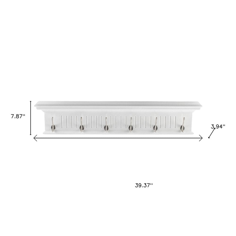 Six Hook 39" White Solid Wood Wall Mount Coat Rack