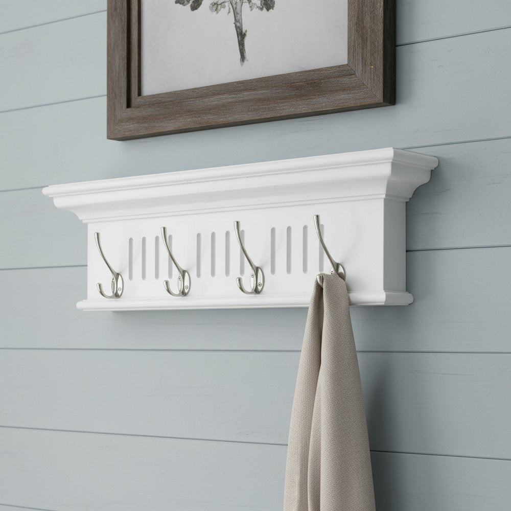 Four Hook 28" White Solid Wood Wall Mount Coat Rack