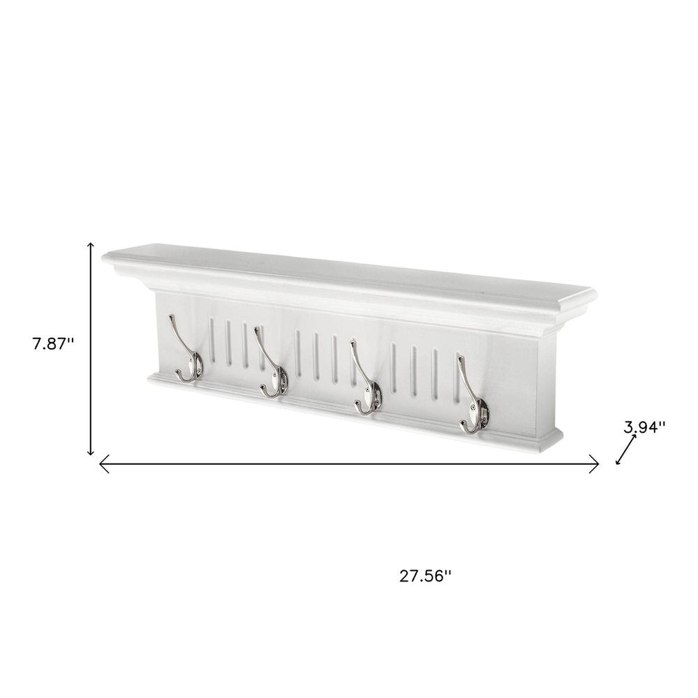 Four Hook 28" White Solid Wood Wall Mount Coat Rack