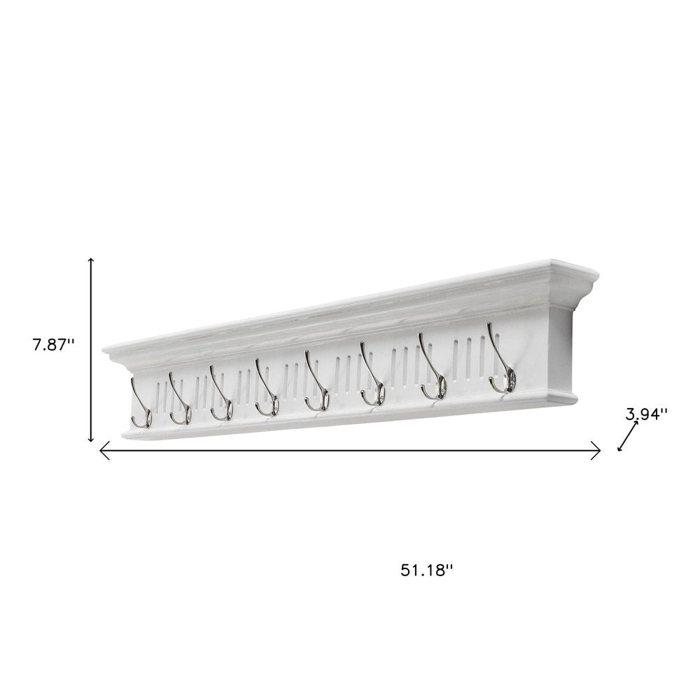 Eight Hook 51" White Solid Wood Wall Mount Coat Rack