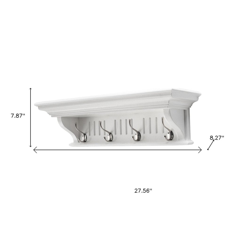 Four Hook 28" White Solid Wood Wall Mount Coat Rack