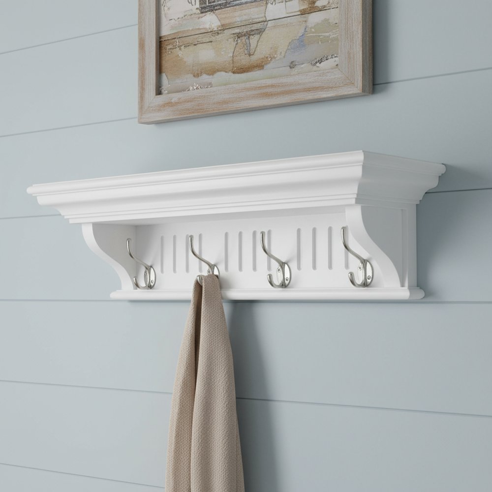 Four Hook 28" White Solid Wood Wall Mount Coat Rack
