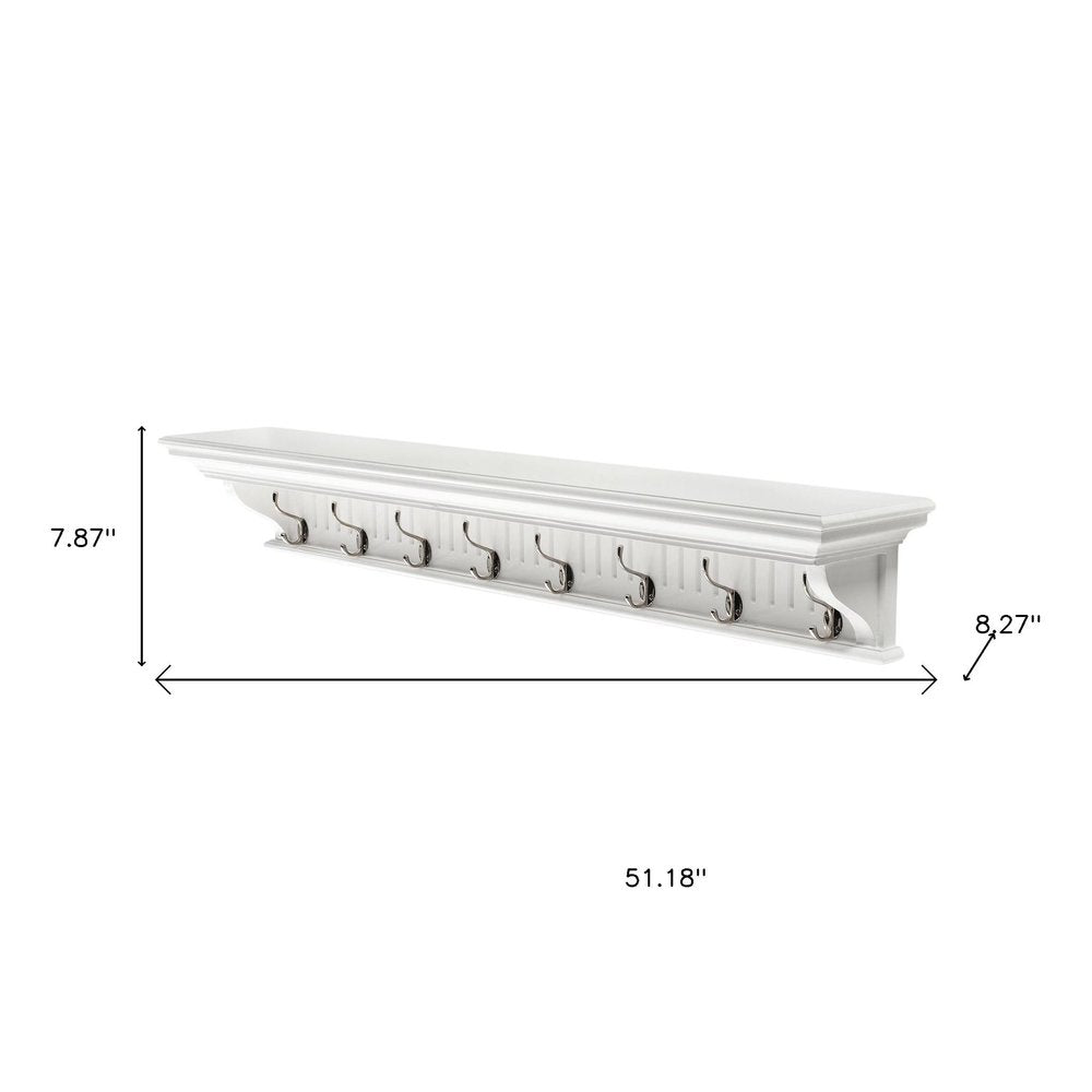 Eight Hook 51" White Solid Wood Wall Mount Coat Rack