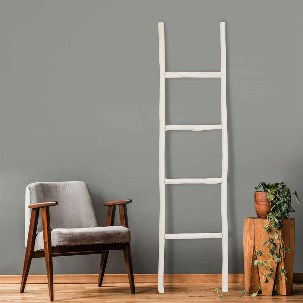 59" White Distressed Solid Wood Four Step Ladder Shelf