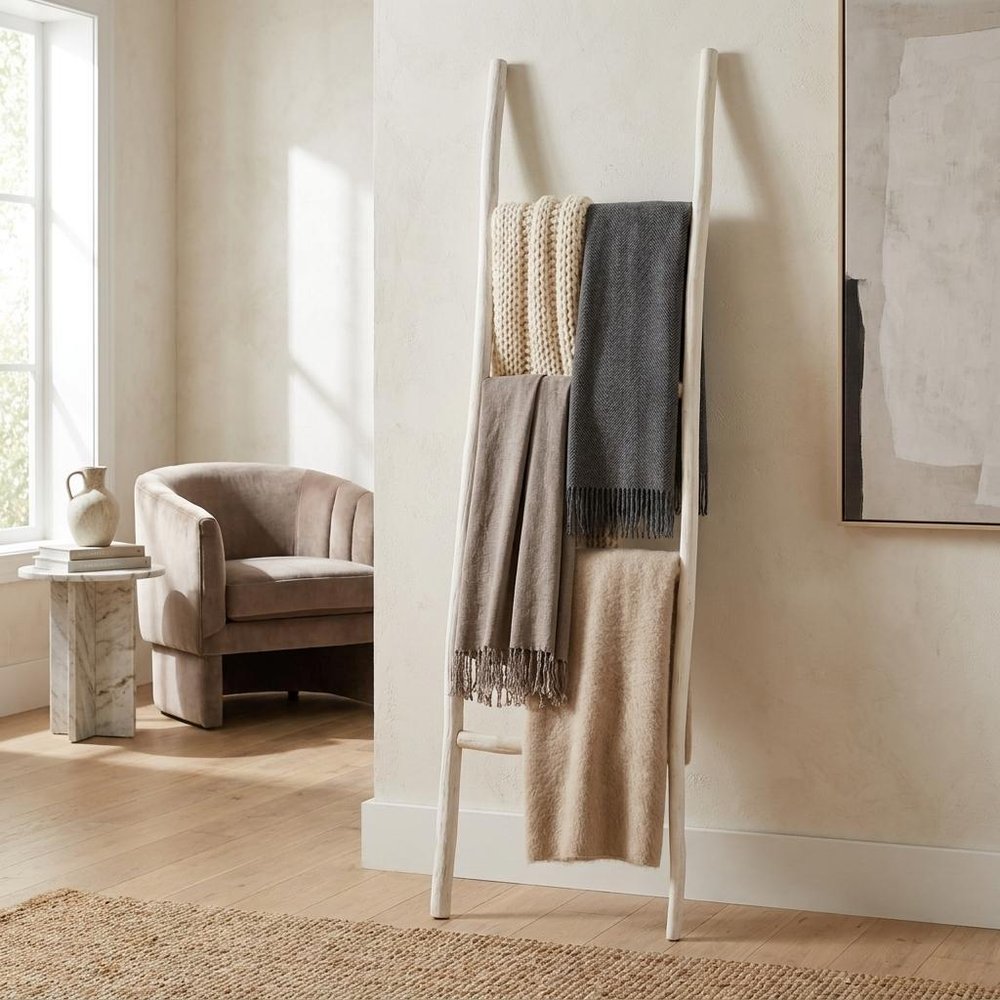 59" White Distressed Solid Wood Four Step Ladder Shelf