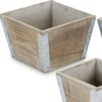 Set of Three Natural And Silver Metal And Wood 217 Ounce Square Distressed Planter Boxes