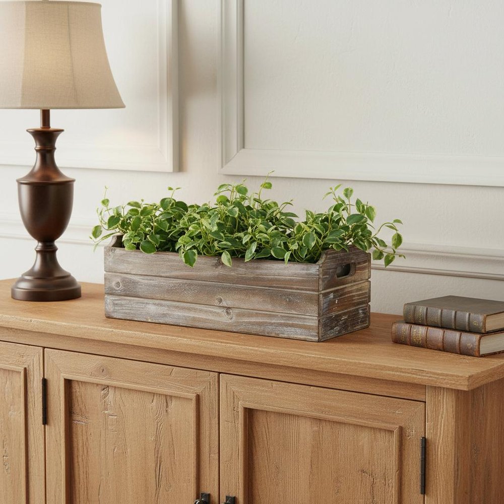 Brown Wood Rectangular Distressed Planter Box