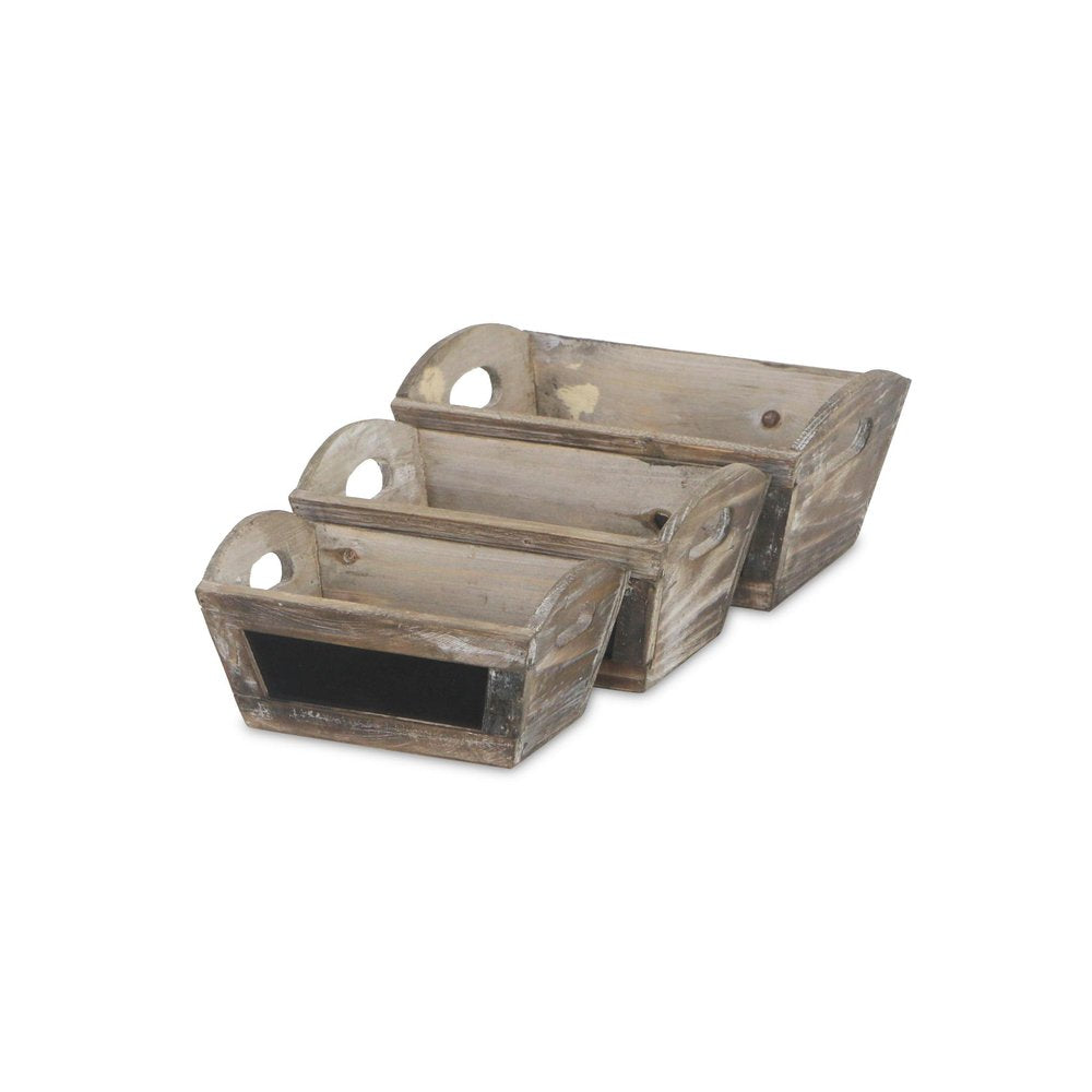 Set of Three Brown Wood Rectangular Distressed Planter Boxes
