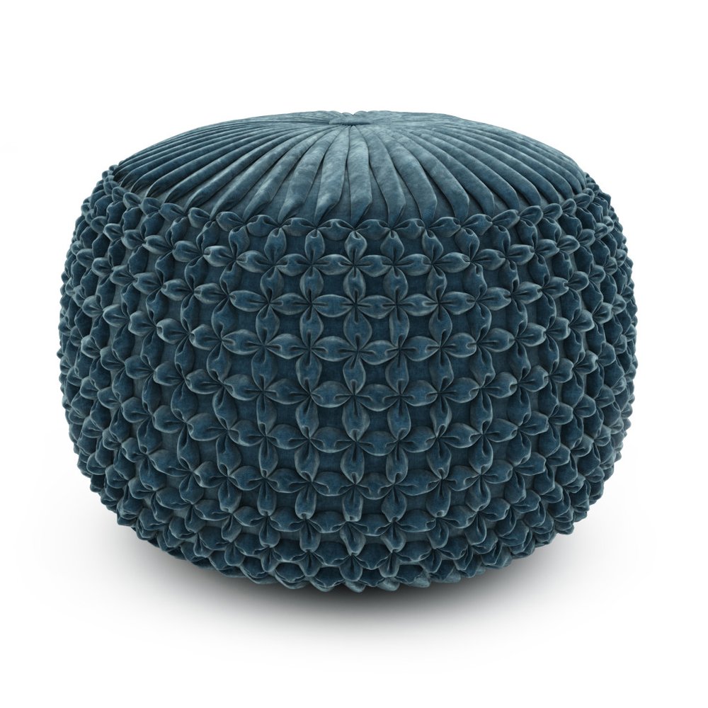20" Teal Blue Velvet Tufted Round Pouf Ottoman