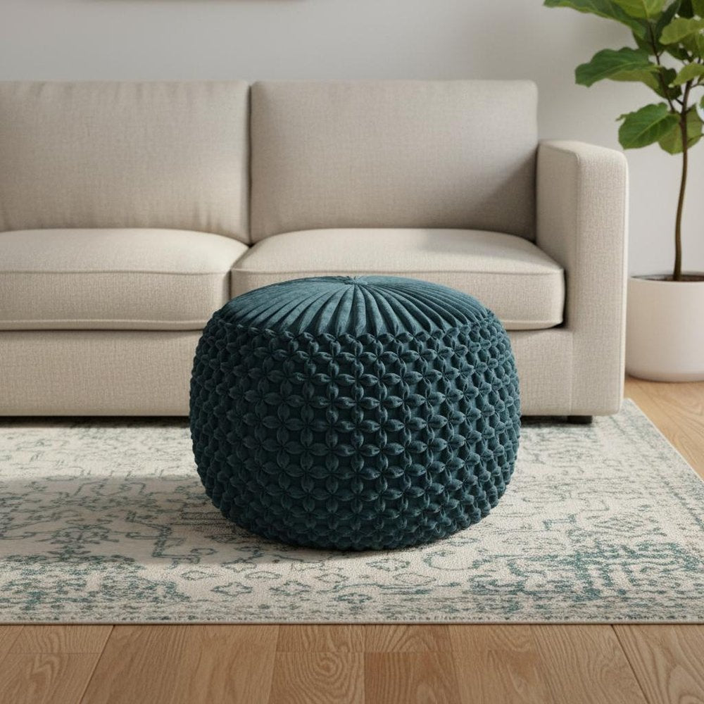 20" Teal Blue Velvet Tufted Round Pouf Ottoman
