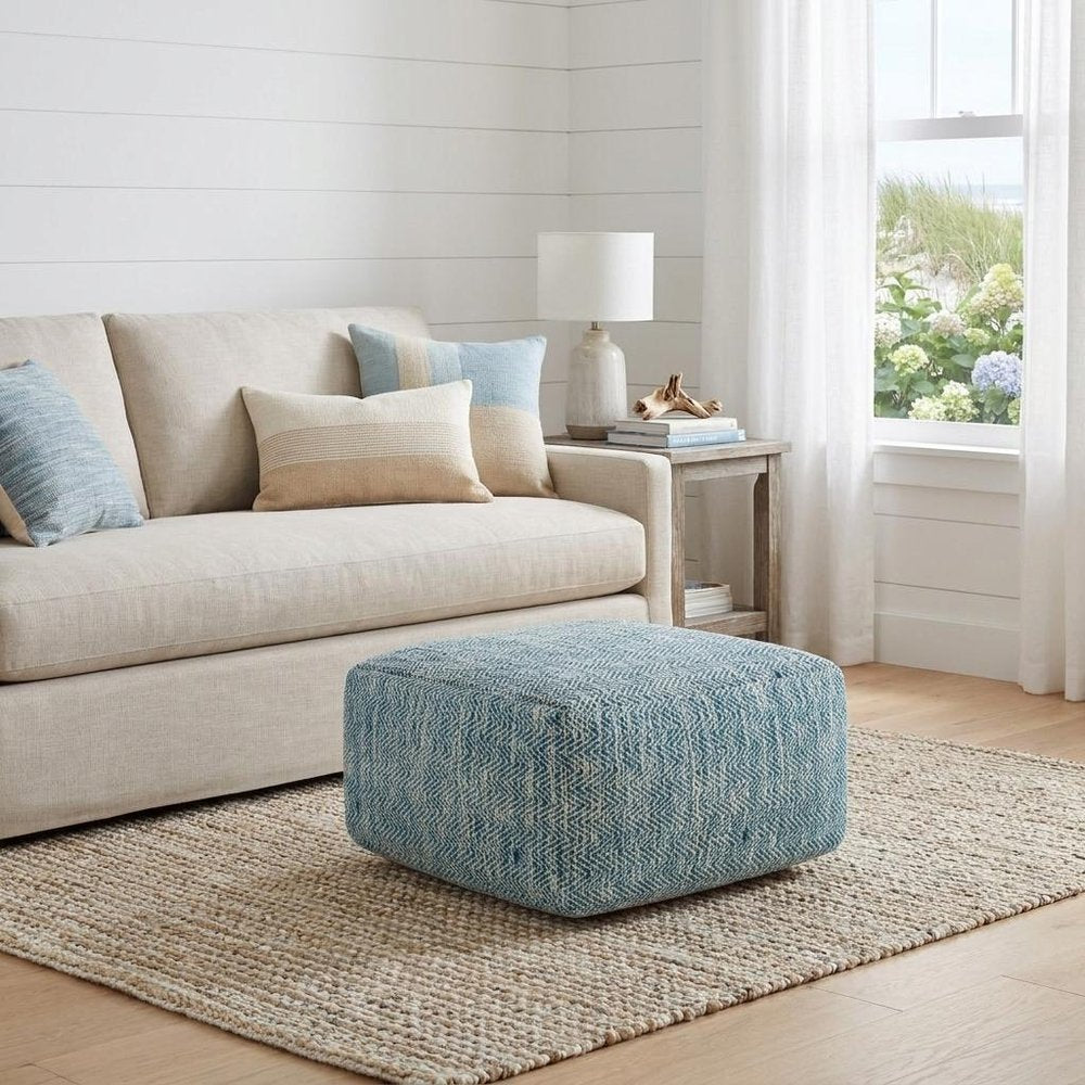 20" Denim Blue and White Cotton Chevron Pouf Ottoman