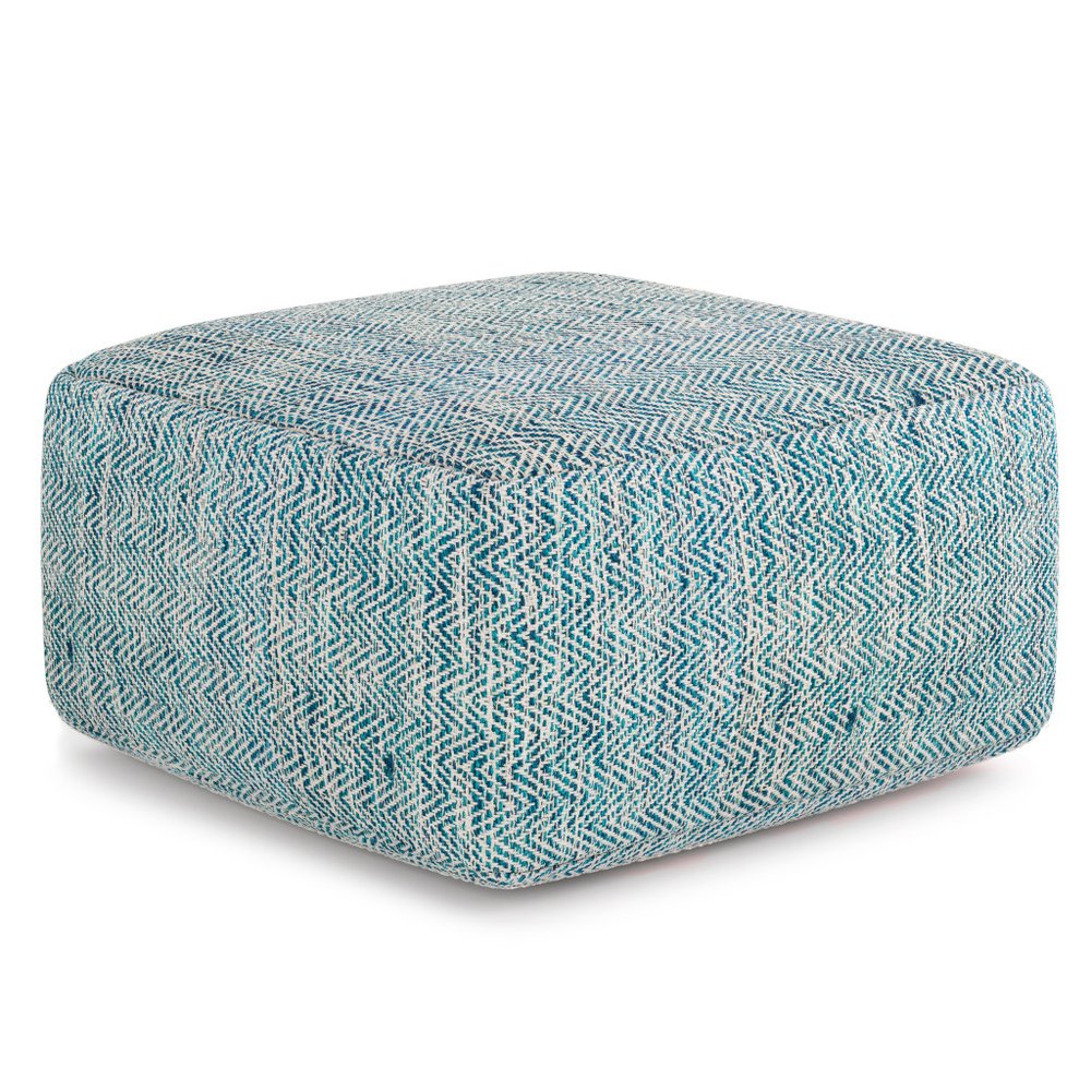 20" Denim Blue and White Cotton Chevron Pouf Ottoman