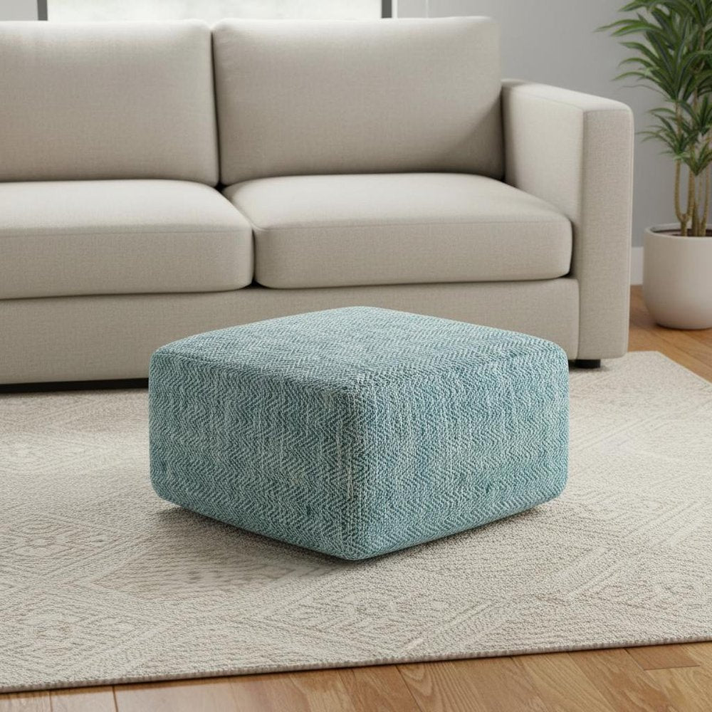 20" Denim Blue and White Cotton Chevron Pouf Ottoman