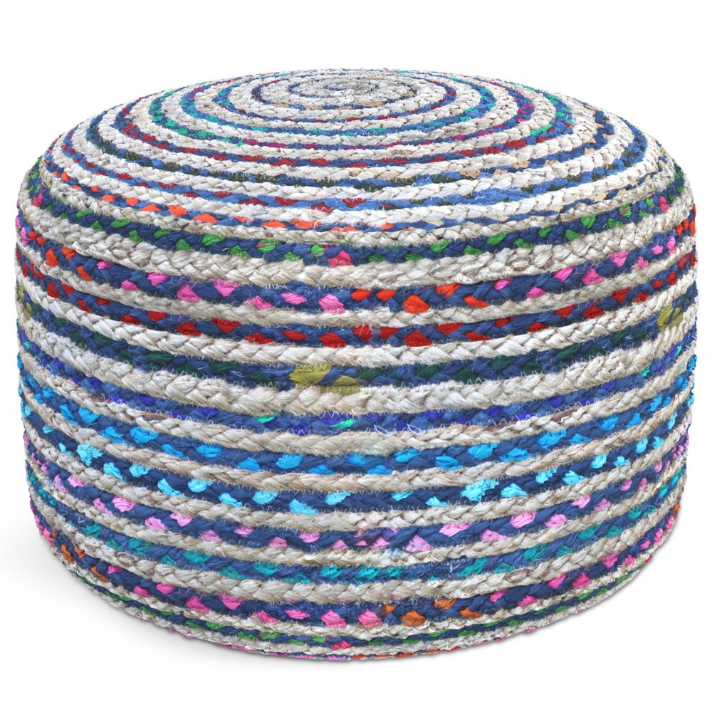 20" Blue Gray and Green Jute and Cotton Striped Round Pouf Ottoman