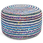 20" Blue Gray and Green Jute and Cotton Striped Round Pouf Ottoman