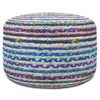 20" Blue Gray and Green Jute and Cotton Striped Round Pouf Ottoman