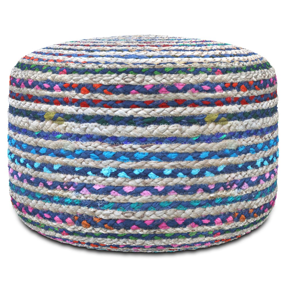 20" Blue Gray and Green Jute and Cotton Striped Round Pouf Ottoman