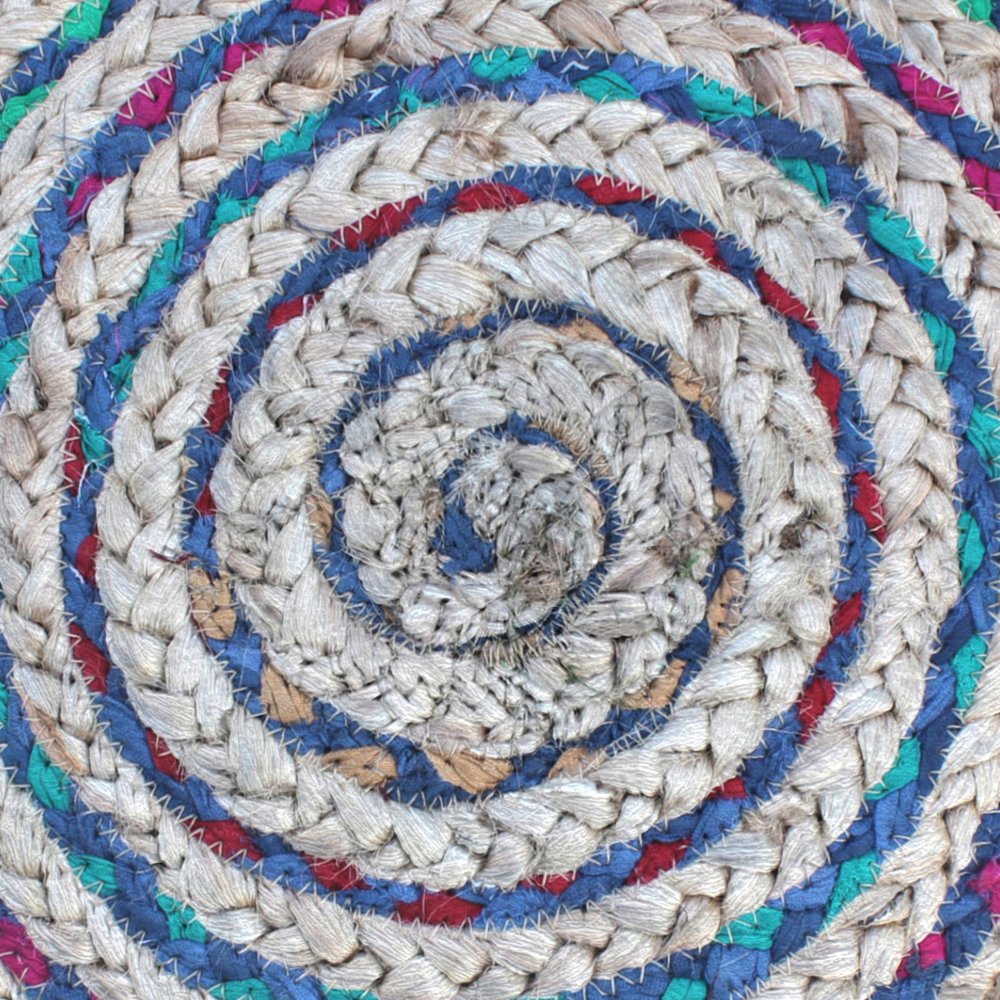 20" Blue Gray and Green Jute and Cotton Striped Round Pouf Ottoman