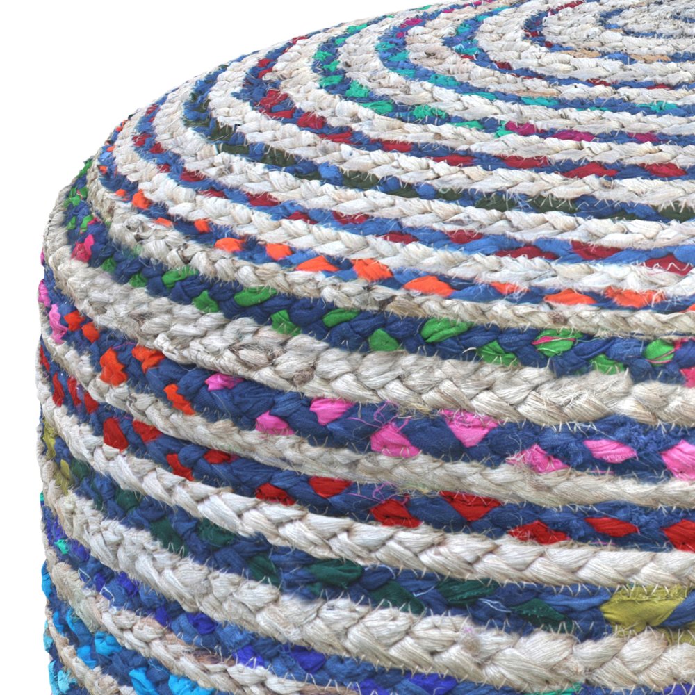20" Blue Gray and Green Jute and Cotton Striped Round Pouf Ottoman